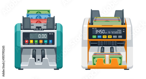 Two colorful money counting machines displaying currency and digital readouts
