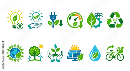 Collection of colorful icons representing sustainable energy and environmental themes