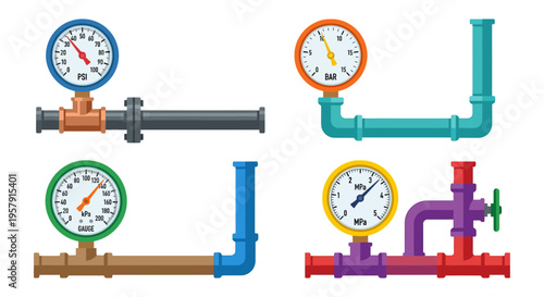 Industrial pipeline system with pressure gauges and various pipe fittings