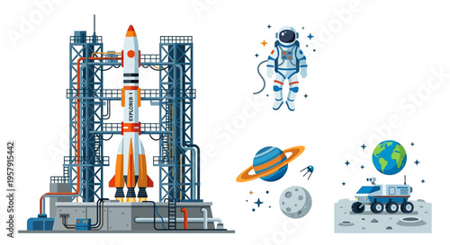 Space exploration scene featuring a rocket launch astronaut and planetary bodies