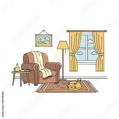 Cozy room with armchair, coffee, books, lamp, window, curtains, rug, and sleeping cat