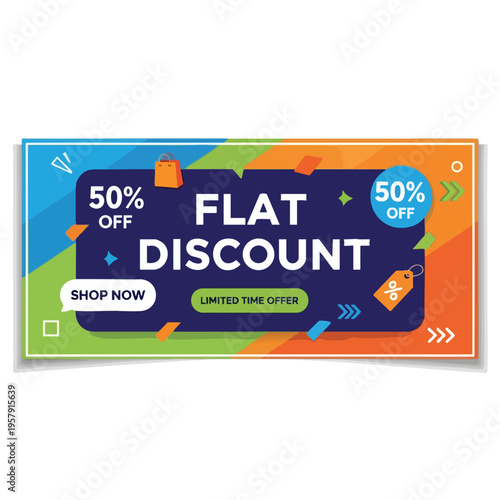 Vibrant banner announces flat 50% off discounts and limited-time offers, inviting shoppers