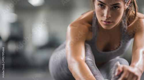 A determined young woman stretches during her intense workout at the gym