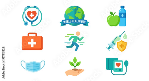 World health day icons depicting medical care and a healthy planet