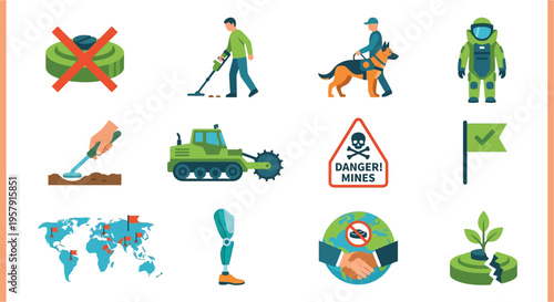 Landmine awareness and humanitarian efforts a collection of vector icons