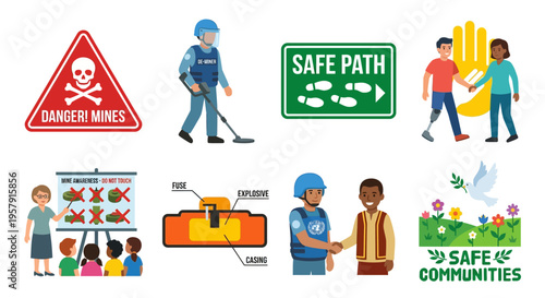 Illustrations depicting demining safety and peaceful community building efforts