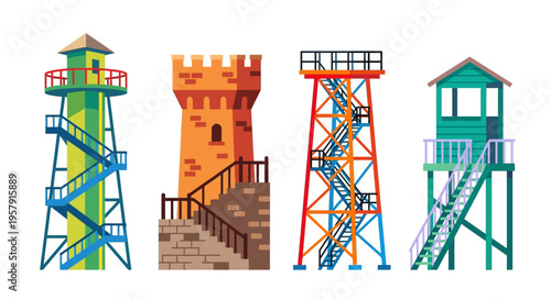 Colorful illustrations of various watchtowers and observation structures