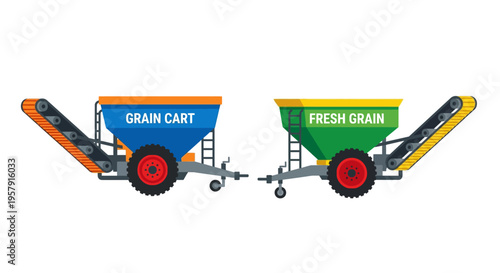 Two colorful grain carts with conveyor belts are shown in a flat illustration