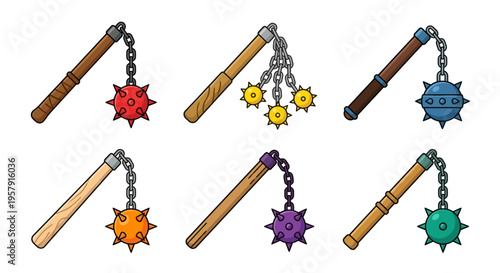 Cartoon illustration of various medieval flails with spiked and star heads