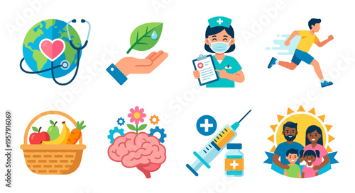 Illustrations representing global health wellness and care concepts