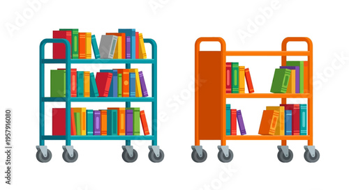 Colorful library book carts with various books on multiple shelves
