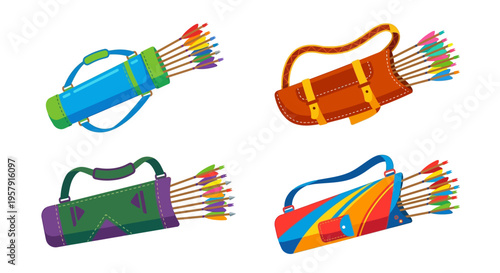 Colorful quiver illustrations displaying archery equipment and arrow storage