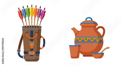 Native american quiver with arrows teapot and traditional pottery set