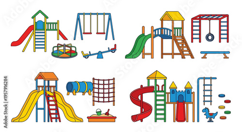 Colorful playground equipment set including slides swings and climbing structures