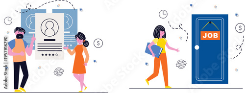 Job seekers navigating through application and interview processes towards employment