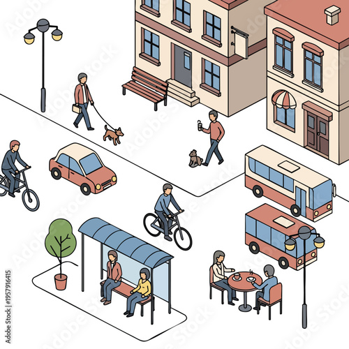 Isometric urban scene with people, vehicles, buildings, and street furniture