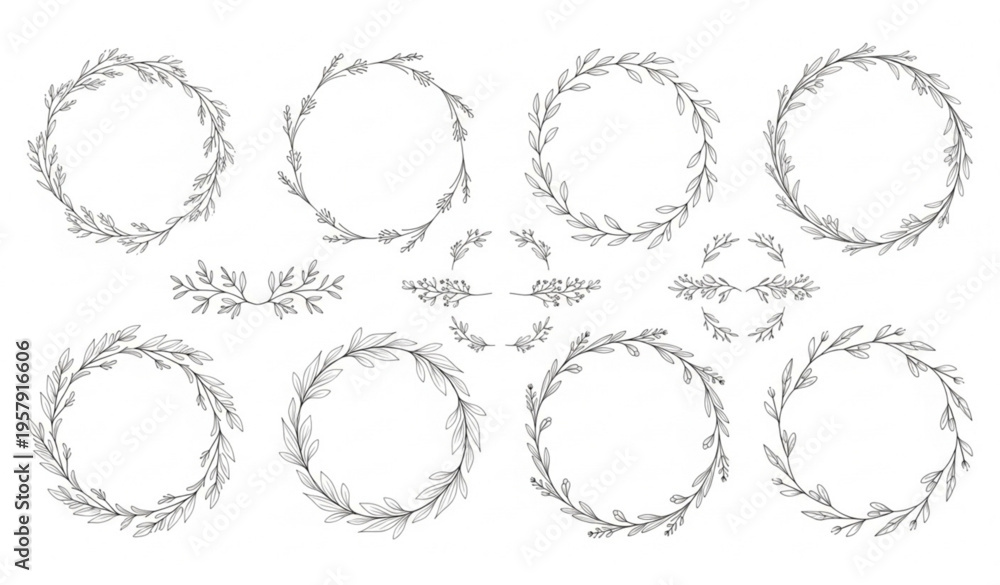 Obraz premium Elegant hand drawn floral wreath border set with minimalist botanical branches and wedding greenery illustration