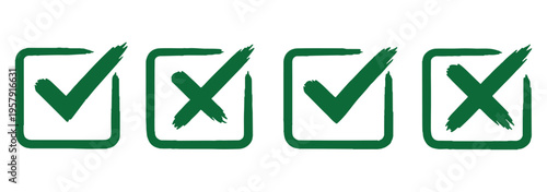 Grunge vector checkmark and cross. Grunge green check mark and red cross mark icon set. brush correct or incorrect sign with circle