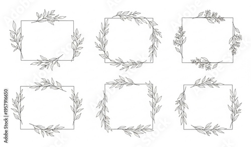 Minimal botanical floral frame collection with hand drawn herb branches and rustic greenery border design vector set