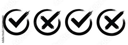 Grunge vector checkmark and cross. Grunge green check mark and red cross mark icon set. brush correct or incorrect sign with circle