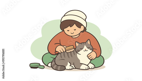 A child gently brushing a beautiful gray and white cat