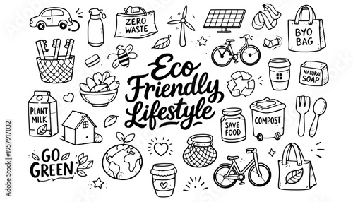 Eco friendly lifestyle vector illustration with various sustainable icons and symbols