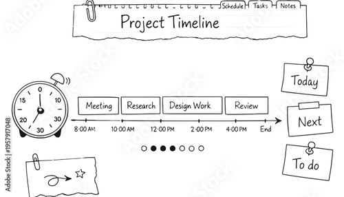 Project timeline illustration with colorful sticky notes and a stopwatch