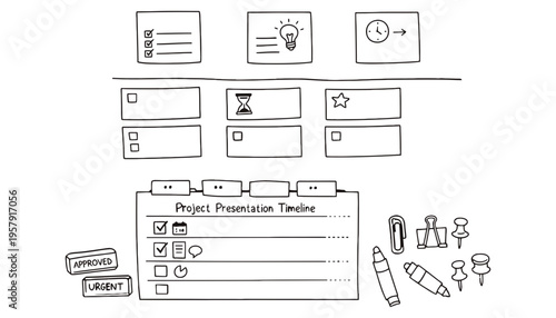 Project management timeline illustration with colorful sticky notes and office supplies