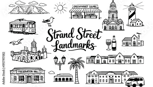 Strand Street landmarks illustration with various iconic buildings and symbols