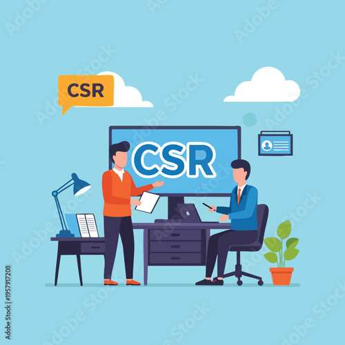 Two businessmen discuss corporate social responsibility near a desk with computer