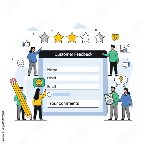 Diverse people interact with a customer feedback form, review stars, and data visuals