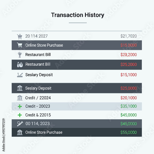 Transaction History with various purchases, deposits and credits with dates
