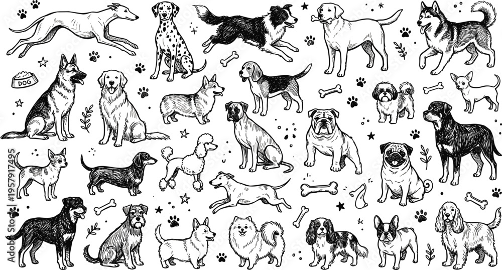 Obraz premium Collection Of Adorable Cartoon Dog Characters Featuring Various Breeds Such As Corgi Shiba Inu Pug And Dalmatian Isolated On White Background Vector
