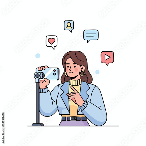 Female content creator films using a phone on a stand, social media icons appear