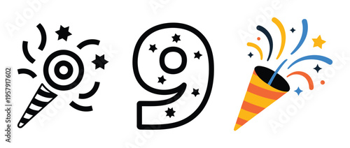 Three festive party popper, number nine, and colorful confetti popper