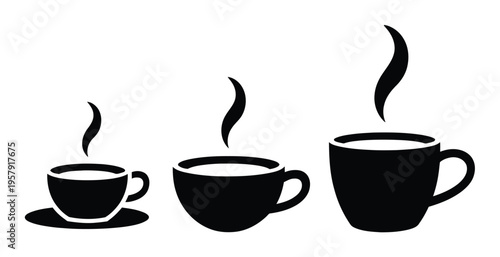 Three steaming cups of coffee in increasing size, black and white silhouette