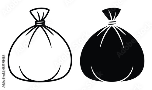 Two stylized garbage bags, one outlined and one solid black