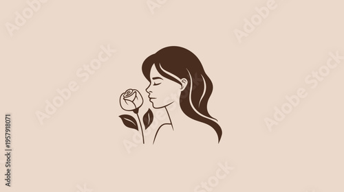 Woman smelling a rose illustration in minimalist style on a neutral background