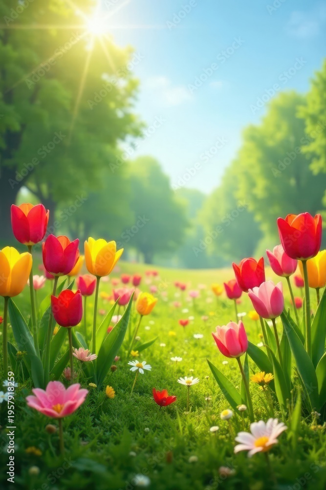Obraz premium Vibrant Spring Meadow Displaying Colorful Tulips and Wildflowers Basking in the Warm Sunshine of a Sunny Day