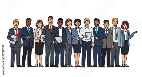 Diverse group of business professionals and corporate team standing together in formal attire