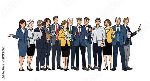 Diverse group of business professionals and corporate team standing together in formal attire