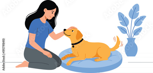 Happy Young Woman Kneeling On Floor And Petting Her Cute Golden Retriever Dog Resting On Blue Round Cushion At Home Vector Illustration