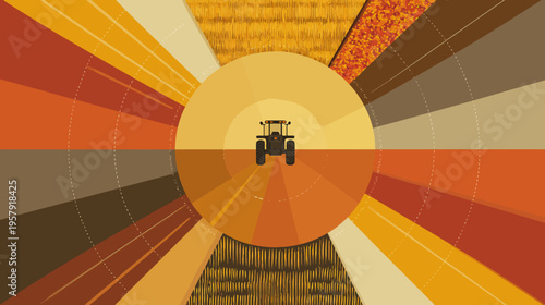A stylized agricultural scene featuring a tractor centered in radiating fields and sun