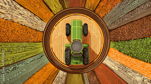 Overhead view of a green tractor in a circle, surrounded by radial strips of cultivated fields