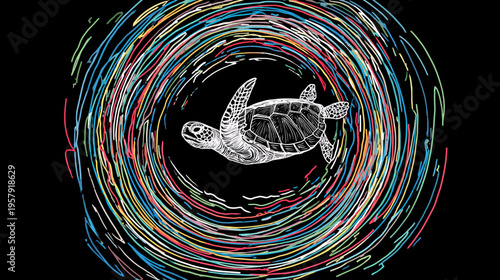 A white detailed turtle is centered within a vibrant, swirling vortex of colorful, abstract lines