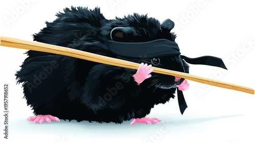 A cartoon image of a black hamster wearing a blindfold and holding a wooden stick