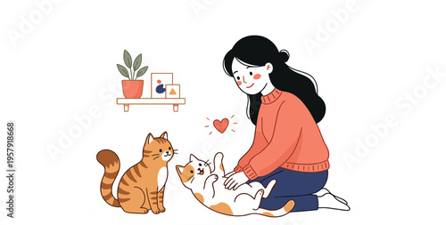 Happy Young Woman Kneeling On Floor And Playing With Two Cute Ginger Cats In Minimalist Home Setting Vector Illustration