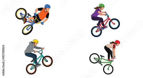 Colorful illustration of people riding bicycles and performing stunts