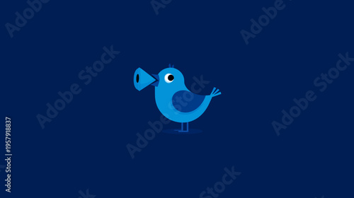 A cartoon bird, blue with darker blue accents, and a large beak, on a deep blue background