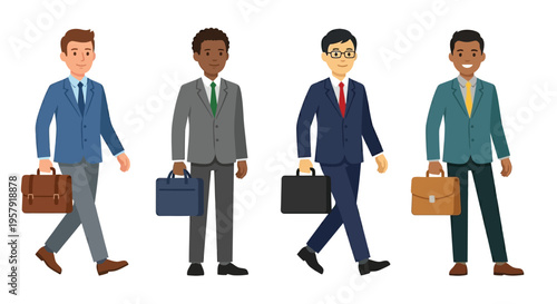 Four diverse businessmen walking with briefcases representing professional careers